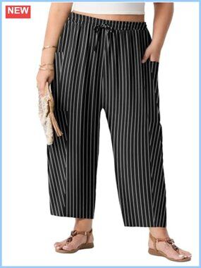 Plus Size Wide Leg Palazzo Pants High Waisted Drawstring Pockets